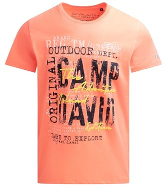 Camp David Herren T-Shirt Rundhals Kurzarm mit Logo Prints und Puffprint, 100% Baumwolle Neon Flame, XXXL