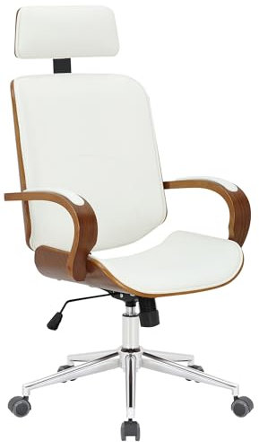 CLP Bürostuhl Dayton aus Kunstleder Drehstuhl mit Kopfstütze, Wippfunktion, Höhenverstellung & 360° Drehfunktion, Farbe:walnuss/weiß