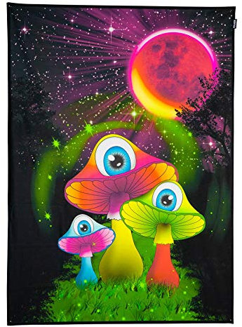PSYWORK Schwarzlicht Stoffposter Neon | Redmoon Mushrooms | 1,0 x 1,4m | UV-aktiv | fluoreszierend | Wandbehang Stoffbanner Poster Wandbild Kunstdruck Dekobild Dekoration Wandteppich