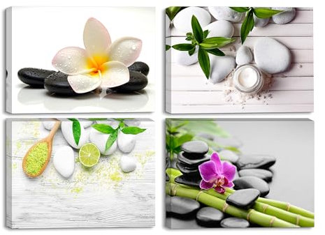 Piy Painting 4X Zen Kunstdruck auf Leinwand per SPA Yoga Bild Bambus Stein Orchidee Fotoleinwand und Kunstdrucke auf Wanddeko für Wohnzimmer Schlafimmer Küche 30x40cm