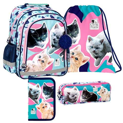 Katze Cats 4 Teile Set SCHULRUCKSACK RUCKSACK TASCHE Schultasche Federmappe mit Sticker-von-Kids4shop
