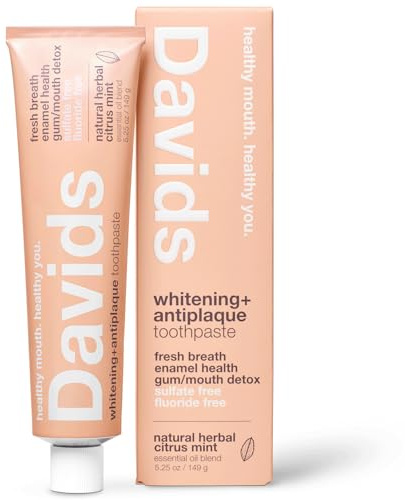Davids Natürliche Whitening Zahnpasta, Kräuterzitrus-Pfefferminze, Antiplaque, Fluoridfrei, SLS-frei, 150 ml Metallrohr, Tubenroller im Lieferumfang enthalten