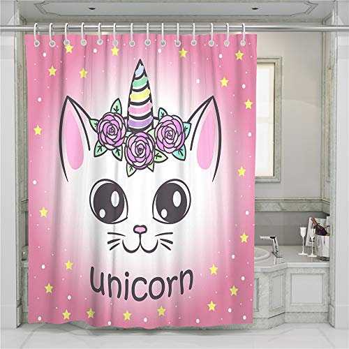Treer Anti-Schimmel & Wasserdicht Duschvorhang für Badezimmer, Badezimmervorhang mit 12 Duschvorhangringe Waschbar Duschvorhang - Bunter Einhorn-3D-Druck (Katzen-Einhorn,180x200cm)