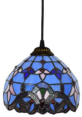 BOTOWI Suspension de Style Tiffany de 8 Pouces, plafonnier de Table à Manger, E27, Abat-Jour en Verre Bleu/coloré rétro, Suspension de Restaurant, Lampe de Salle à Manger réglable en Hauteur