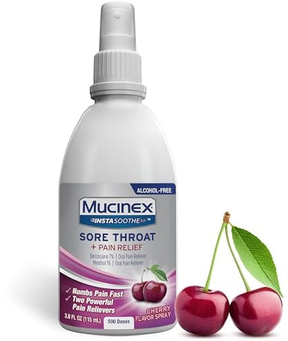 Mucinex Instasoothe Sore Throat Spray for Oral Pain Relief, Throat Numbing Spray with Benzocaine & Menthol Starts to Work on Contact, Cherry Flavor, 3.8 Fl Oz