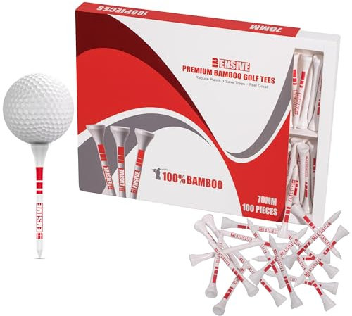 BENSIVE Golf Tees Bamboo 70mm –100 Pcs Sturdy, Biodegradable, Sustainable Wooden Golf Tees with Height Markers & Curved Top for Reduced Friction – Ideal for Beginner & Professional Golfer White (100)