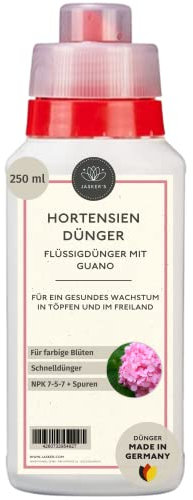 JASKER'S Hortensiendünger flüssig 250 ML - 100 Prozent Turbo Schnelldünger mit Guano - Flüssiger Organischer Hortensien Dünger - Flüssigdünger für Hortensien im Kübel & Freiland - Dünger Hortensien