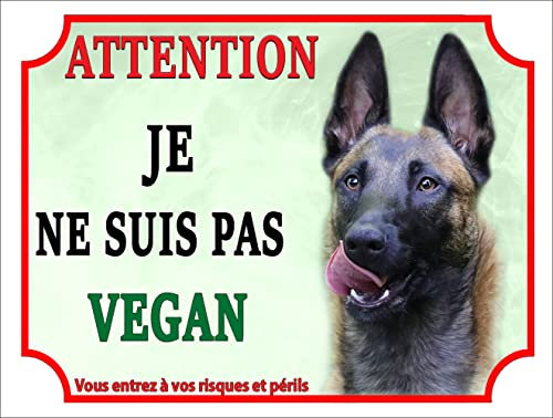 Plaque humour Attention Chien malinois je ne suis pas vegan en métal Aluminium 15 cm x 20 cm - panneau malinois monte la garde,pancarte attention malinois modèle1