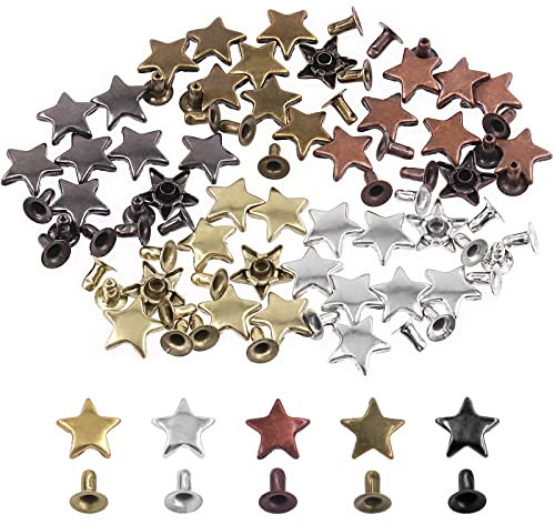 Swpeet 120 piezas de bronce de 0.47 x 0.23 pulgadas, 12 x 6 mm, juego de remaches de estrella de cuero, remaches de ropa, remaches de cuero, remaches y púas para manualidades de cuero