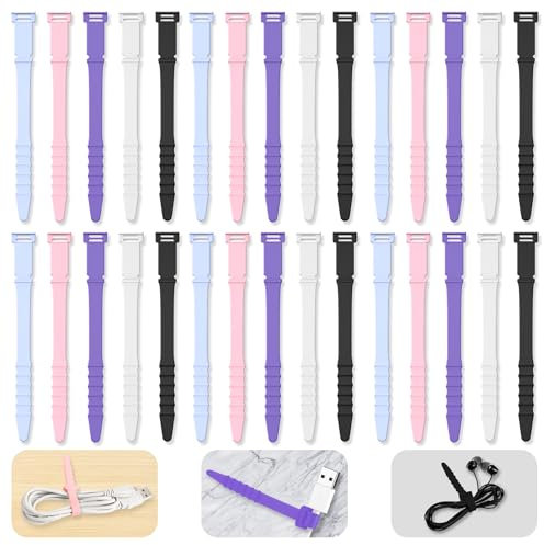 Reusable Cable Ties 4.5inch Silicone Cable Ties, 30pcs Reusable Zip Ties Elastic Silicone Cord Organizer Straps Ties for Charging Cables USB Cables Earphones Cable Audio(11.3cm, 30pcs, Cold-Color)