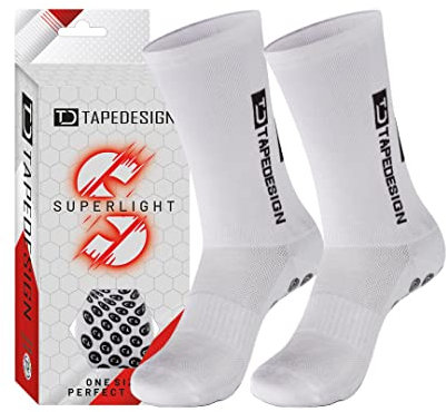 TAPEDESIGN - Superlight - 1 Paar Rutschfeste, ultraleichte Fußballsocken Weiß mit gummierten Noppen (Unisex) - Sport-Socken mit Grip für Damen & Herren - Anti-Rutsch Fussball-Socken atmungsaktiv