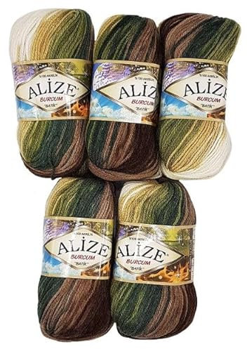 5 x 100 Gramm Alize Burcum Batik Wolle mehrfarbig mit Farbverlauf, 500 Gramm Acryl Strickwolle bunt (braun beige grün weiss 1893)