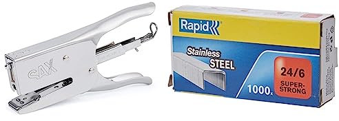SAX 630 Heftzange, Hinterlademechanik (40 Blatt, Metal) silber | hohe Qualität & Rapid 24858100 Heftklammern 24/6mm Super Strong, rostfrei, 1000 Stück