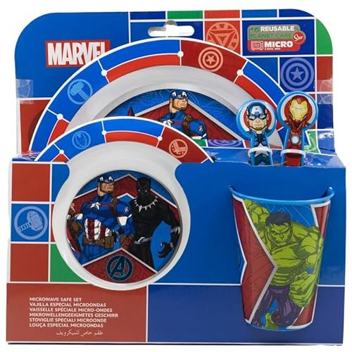 Microwave Safe 5pcs Character Animation 2023 Cartoon Dinner Tableware Set Plate, Bowl, Cup, Fork, Spoon BPA Free re-usable Plastic (Avengers Army)