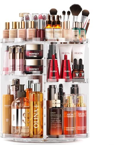 Auxmir 360° Drehbarer Make-up-Organizer für Hautpflege, große Kapazität, verstellbare Make-up-Aufbewahrung, Drehbarer Ständer für Schminktisch und Badezimmer, transparent