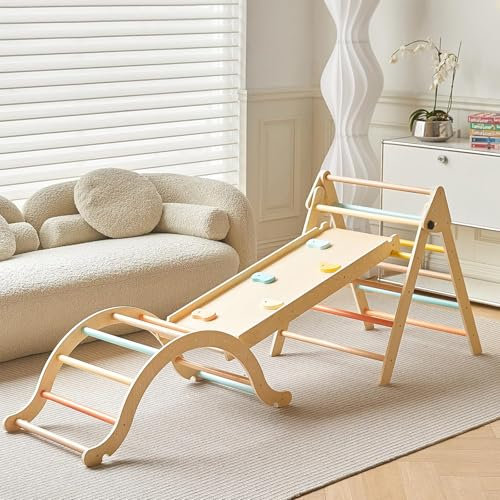 Giant bean 5-in-1 Montessori Kletterdreieck mit Kletterbogen und Rutsche, Holzdreieck für Kleinkinder ab 3+, Indoor Kletterspielzeug, Bunt, M