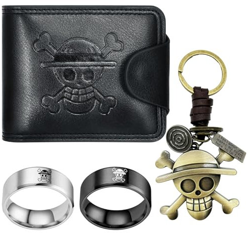 BJPERFMS Portefeuille One Piece, Porte Monnaie One Piece, 5PCS Portefeuille Anime avec Bague Straw Hat Luffy et Squelette Porte Clef, Wallet Cuir Feuille Cadeau d'anniversaire pour Fans