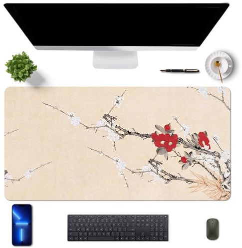 MAYCARI Tapis de Bureau en Cuir PU Imperméable Tapis de Souris Grand 80x40 cm Mouse Pad pour Bureau/Maison, avec Motifs de Fleurs de Prunier
