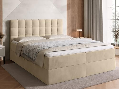 BROMARKT Boxspringbett 160x200cm mit Topper und Bettkasten H3 Beige | Doppelbett für Schlafzimmer mit Bonell Matratze Stauraum und gepolsterte Kopfstütze Bett Bed Einzelbett Federkern DETROIT