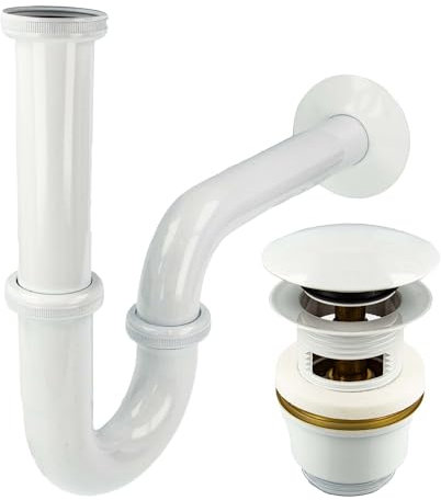 tecuro Siphon extra lang mit Pop Up Ablaufventil weiß (RAL 9010) - Universal Set für Waschtisch/Waschbecken