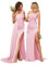 Robe de demoiselle d'honneur pour femme avec une épaule froncée en satin pour invitées de mariage, robes de soirée Rose pâle UK18