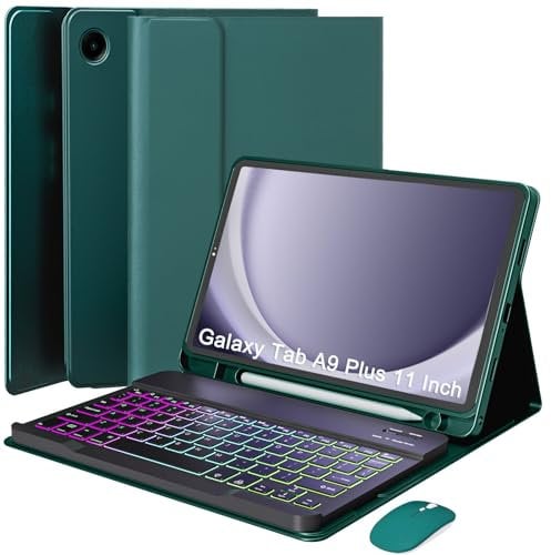VLEAQC Keyboard Case for Samsung Galaxy Tab A9+/A9 Plus 11 Inch 2023 (SM-X210/X216/X218), Detachable Color Backlit Bluetooth Keyboard and Mouse, Slim Lightweight Stand Cover with Pen Holder,Green