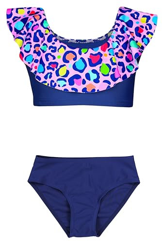 Aquarti Mädchen Bikini Set Bustier Bikinislip Zweiteiliger Badeanzug, Farbe: 037 Bikinis Bunt Leopardenmuster Dunkelblau, Größe: 164