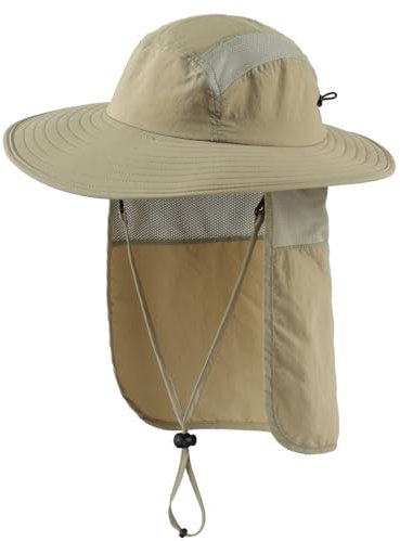 Magracy Herren UPF 50+ Sonnenhut mit Nackenschutz breite Krempe Netzstoff Safari-Hut Wandern Angeln Hut faltbar Damen Helles Vert-Khaki