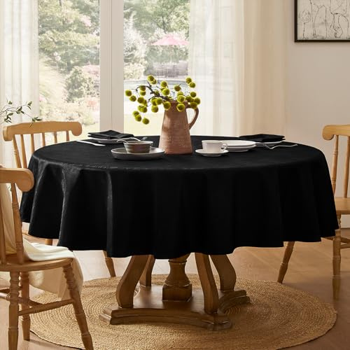 Softalker Schwarze Tischdecke rund 120 Abwaschbar Wasserabweisend Abwischbar Fleckschutz Jacquard-Wellenmuster für Outdoor Draußen Gartentisch Party Geburtstag Silvester Weihnachten Garten