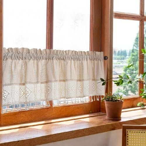 A.Monamour Gardine Scheibengardinen Kurzstores Ländliche Boho Baumwolle Leinen Hohl Gestrickt Häkeln Spitze Mit Quasten Kurzvorhang Küchengardine Küche Vorhang Fenster Kurz Stores Bistrogardine