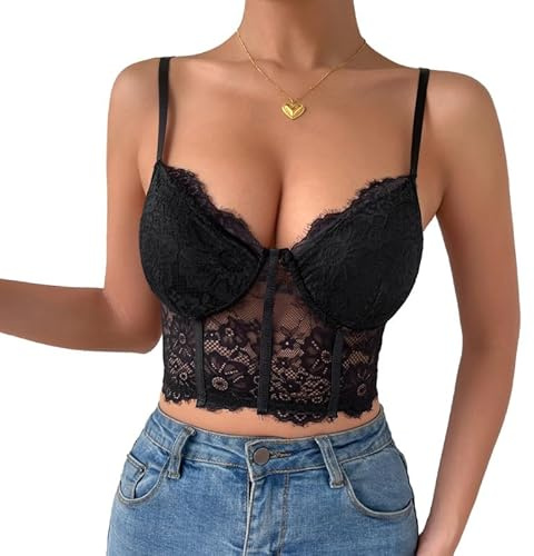 Haibang Vest Tops Women UK Sexy Lace Corset Tops V Neck Crop Tops Spaghetti Strappy Cami Tops Backless Slim Fit Camisole Bralettes Mesh Bustier Sleeveless Tank Tops Party Clubwear