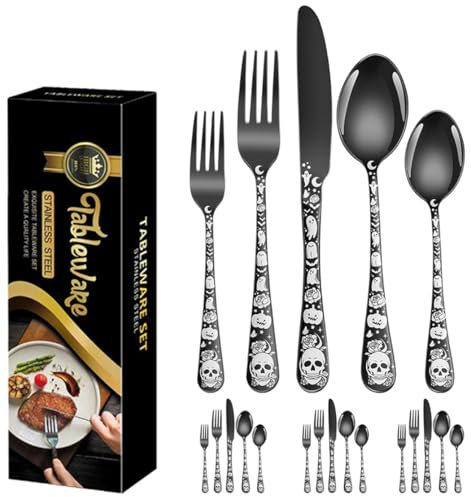 XIAOYU 20 Piece Halloween Skull Silverware Set, Tableware Cutlery Set Service for 4, Forks Knives Spoons Set with Skull Pattern Handle, Gothic Flatware Set for Halloween Easter and Christmas