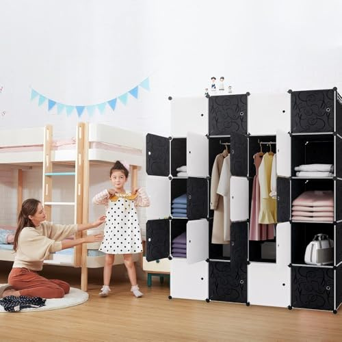 UISEBRT Kleiderschrank Regalsystem 20 Würfel DIY Garderobenschrank Kunststoff Schlafzimmerschrank Steckregal mit Tür und Schuhschrank für Kleidung Bücher Spielzeug - 140x37x178cm Schwarz und Weiß