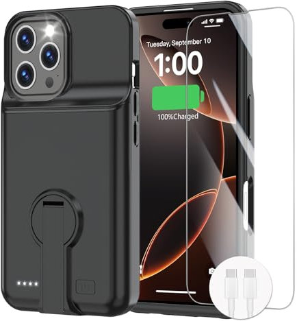 GIN FOXI Battery Case for iPhone 16 Pro, Charging Case with Holder 8000mAh Rechargeable Ultra-Slim Anti-Fall Protection Extended Battery Pack Charger Cover for iPhone 16 Pro Battery Case 6.3 Black