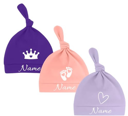 Ahoiikids Personalisierte Baby Mütze aus Baumwolle – Knoten Beanie mit Namen unf Motiv – Für Neugeborene (DE/NL/SE/PL, Alter, 0 Monate, 6 Monate, Baby, 3 Set Lila, Rosa und Flieder)