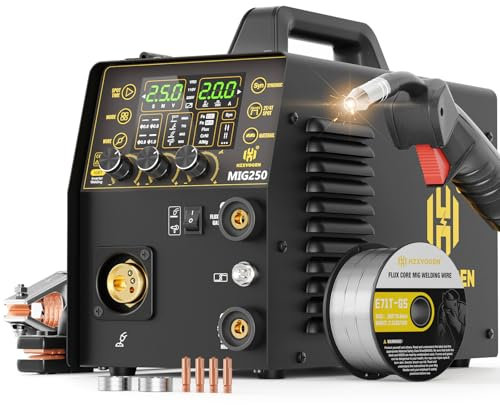 H HZXVOGEN Saldatrice MIG 250A, 6 in 1 Gas MIG, Flux Core MIG, Stick, Lift TIG, Pulse, Spot Saldatrice in alluminio, 110 V 220 V, Saldatrice professionale multi processo con controllo sinergico con