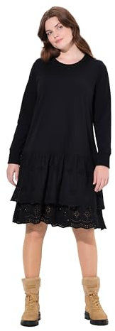 Ulla Popken Damen große Größen Übergrößen Plus Size Sweatkleid, Spitze, Rundhals, Langarm, Biobaumwolle schwarz 46+ 821156100-46+