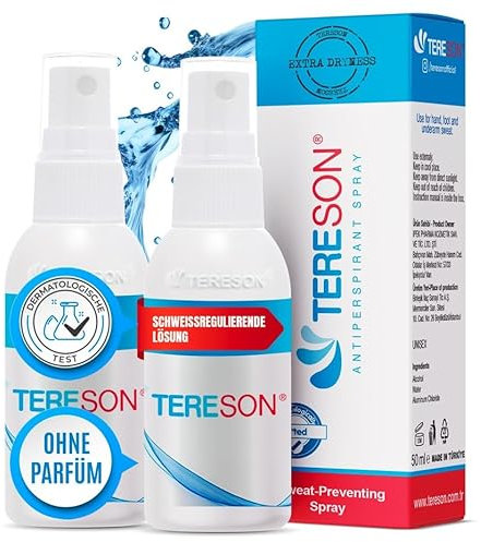 Tereson® Anti Schweiß | Spray | 2 Stück | Effektives Antitranspirant Starkes Schwitzen für Damen und Herren | Zuverlässiges Mittel gegen Hände Schwitzen, Schweißfüße und Starkes Schwitzen an Füßen