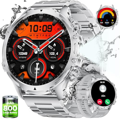 Smartwatch für Herren, Militär, 1,85 Zoll HD großes Display/800 mAh Akku/LED Lampe, Smartwatch für Herren mit 100 + Sportmodi, 5 ATM wasserdicht, 24/7 Herzfrequenz-Monitor und Schlaf, Android iOS