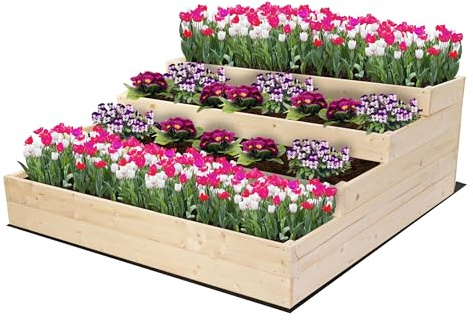 MODO24 Hochbeet Holz, 4-stufiger, Blumenkasten 45x117x120 cm, Natur | Komplettes Anzuchtset inkl. Schrauben, Dekoratives Gemüsebeet, Kräuterbeet & Blumenkasten für Garten und Terrasse