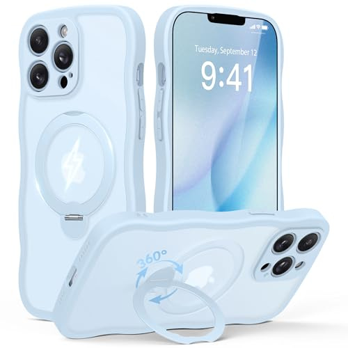 GOLBINBOX Magnetic for iPhone 13 Pro Max Case with 360° Stand for Women | [Compatible with Magsafe][Cute Wave Edge][Military-Grade Protection]Translucent Matte Case for iphone 13 ProMax,Baby Blue