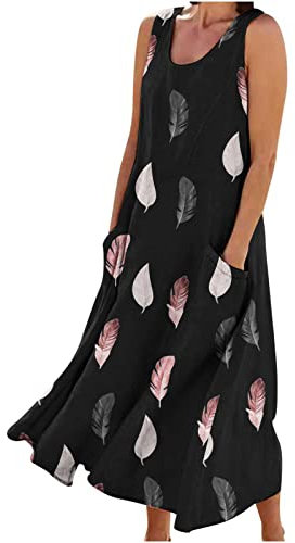 HAOLEI Robe Femme Cotton en Line Col en V sans Manches avec Poches Robes ÉTé Pas Cher Grande Taille Maxi Robe LâChe Couleur Unie BohèMe Mi-Longue Dress pour FêTer Vacances Plage SoiréE Mariage