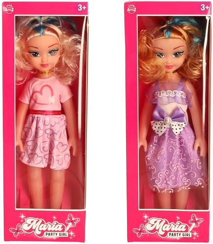 Maria Party Girl Fashion Doll Set, 2 Outfits - Pink Heart Dress and Purple Party Dress, Ages 3+