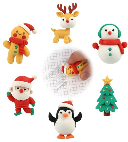 6 Stück Radiergummi Weihnachten, Niedliche Cartoon Radiergummi Kinder, Bleistift Radiergummis Set für Party Favors, Spiele, Klassenzimmer, Hausaufgaben Belohnungen