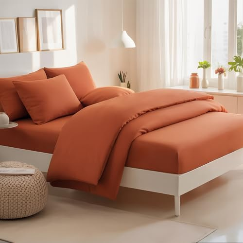 RUIKASI King Bedding Set 4 Piece Terracotta - Orange Duvet Cover Kingsize Sets with Microfiber Fitted Sheet and Pillow Cases