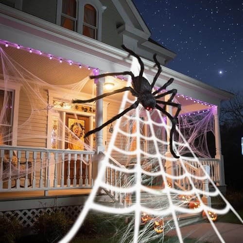 Halloween Spinnennetz Set Outdoor – 7m Netz mit 1,5m Riesenspinne + 20 Mini-Spinnen & 40g Spinnweben, gruselige Halloween Gartendeko für Haus, Garten, Party innen & außen