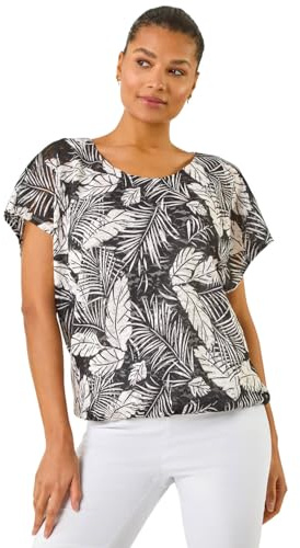 Roman Originals Snake Print Bubble Hem Top for Women UK - Ladies Spring Summer Blouson Round Neckline Comfy Soft Evening Vacation Work Party Night Out Everyday - Black Leaf - Size 14
