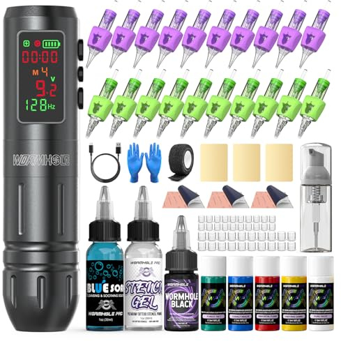 Wormhole Tattoo Gun Kit 1600mAh Kapazität Akku und 20 Tattoo Nadeln Wireless Tattoo Machine Kit Smart Tattoo Pen für Futter & Schattierung LED Display