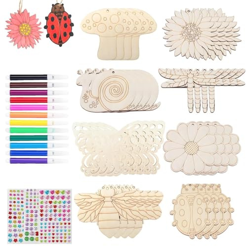 JIUCHAOTONG 47 Stück Holzanhänger Bastelset, Holzanhänger zum Bemalen, Holz Basteln, mit Blätter Farbe Diamant Aufkleber und Aquarellstift, für DIY Malen Handwerk Deko, Original Holzfarbe