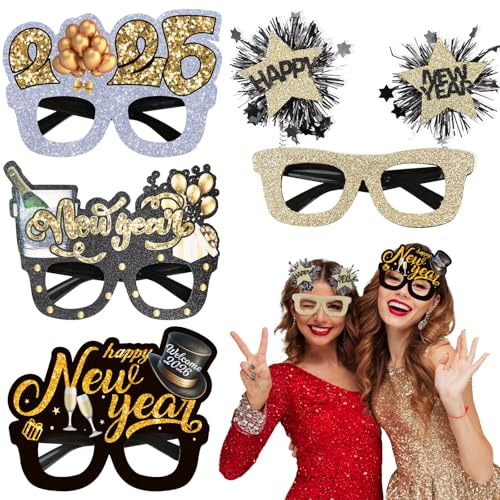 Xunerloy 4 Stück Glitzer 2026 Silvester Brille, Laser Brillen Happy New Year Neujahr Partybrille für 2026 Silvester Accessoires Glitzer Silvester Party Zubehör Silvester Foto Requisiten